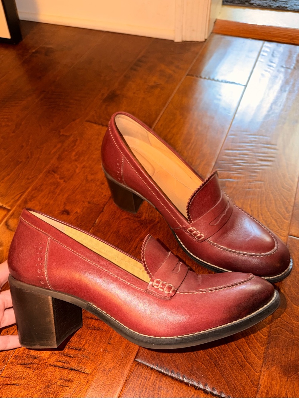 Hush Puppies Burgundy Leather Block Heel Loafers